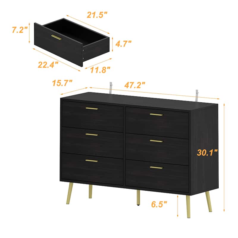 Modern 6-Drawer Dresser with Gold Legs and Handles, 47.2" Wide Mid-Century Bedroom Dresser Chest