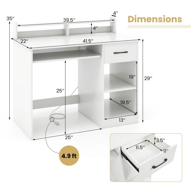 White Desk with Charging Station and Adjustable Shelf for Home Office-White
