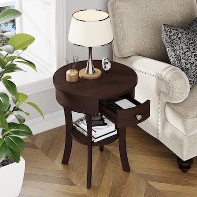2-tier Side End Sofa Table Round Nightstand White/Espresso