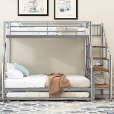 Twin Over Full Size Metal Bunk Bed with Trundle & Storage Staircase, Bedroom Heavy Duty Bed Frame with Full-Length Guardrail