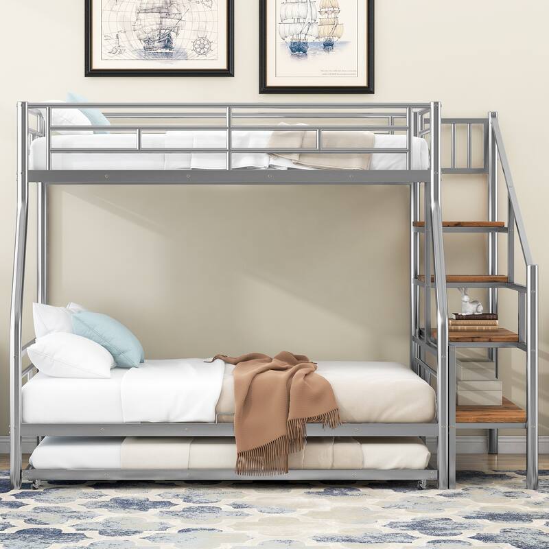 Twin over Full Size Metal Bunk Bed with Trundle and Storage Staircase