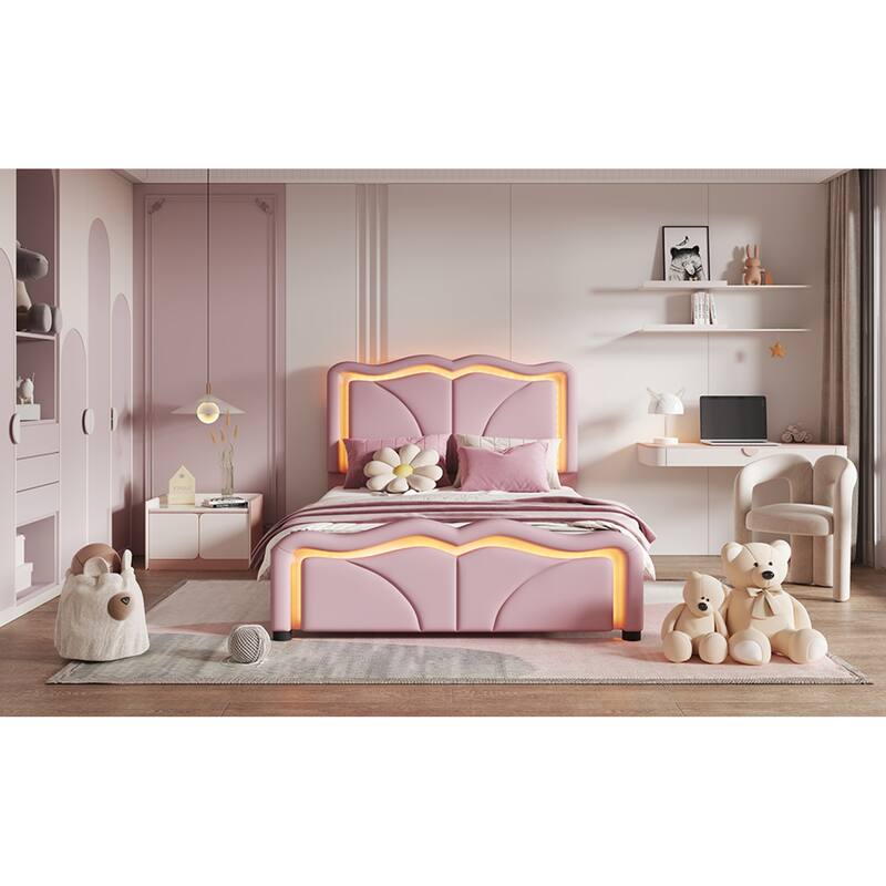 Roomfitters Twin/Full Size Upholstered Platform Bed with LED Light Headboard and Footboard, Wave Shaped Padded Frame, Pink