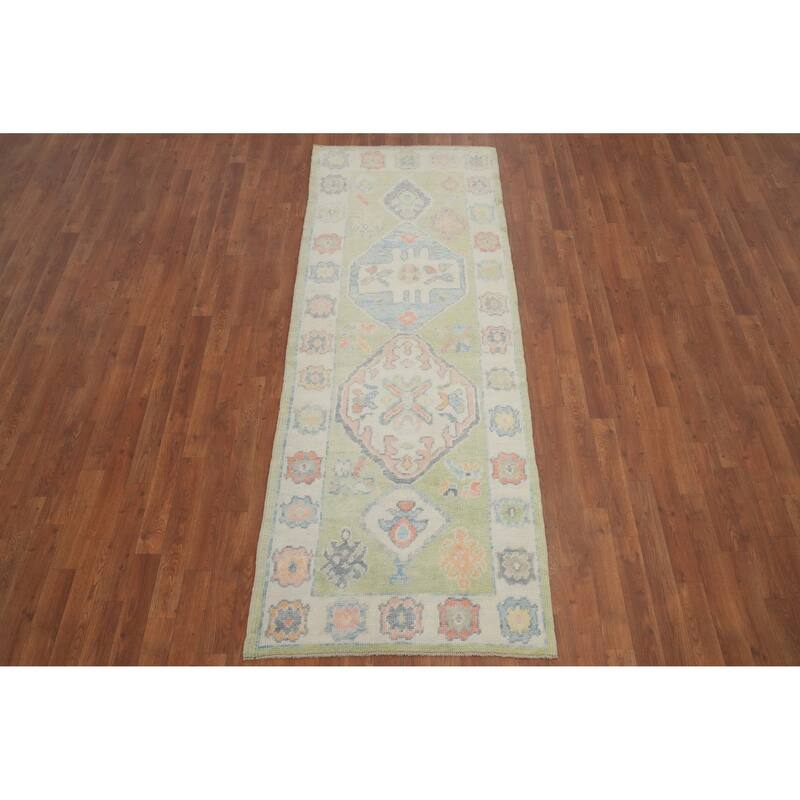 Hand Knotted Oriental 100% Wool Carpet Transitional Geometric Green Oushak Runner Rug - 7' 11'' X 3' 0''