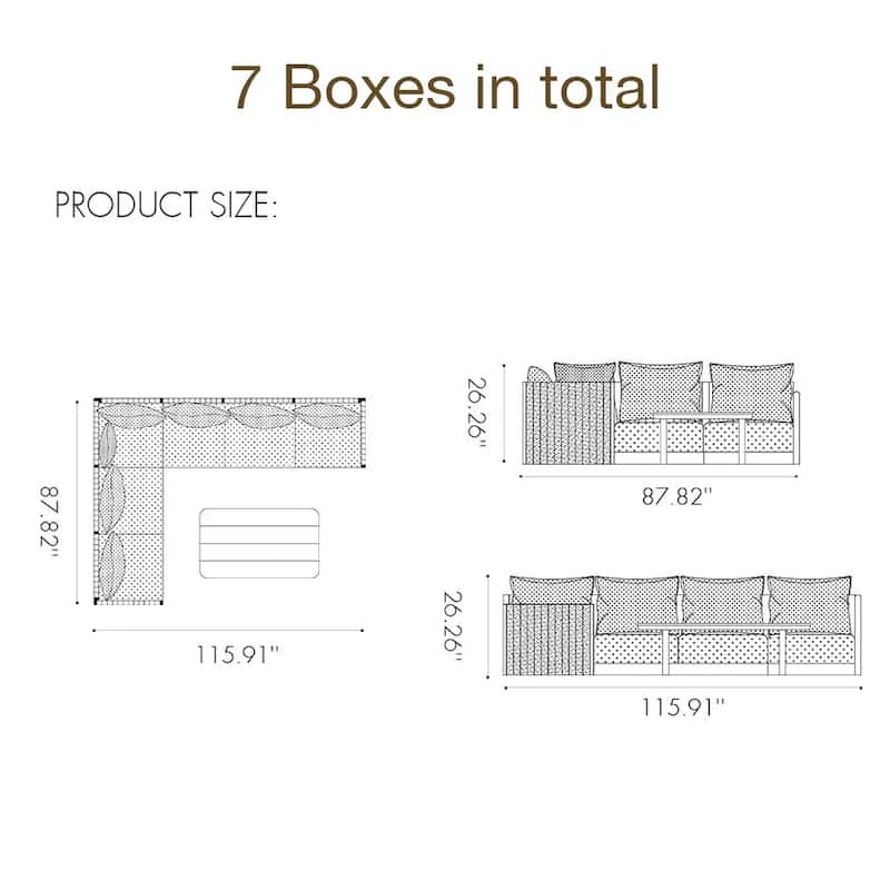 PURPLE LEAF Santori L-shape 7 Piece Khaki Sofa with Ottoman and Cushion for Poolside Garden Outdoor Patio Conversation Set