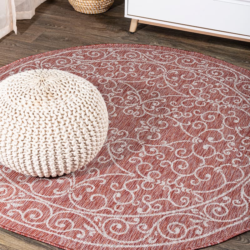 JONATHAN Y Filigree Textured Weave Indoor/Outdoor Area Rug - 9' Round - Red/Beige