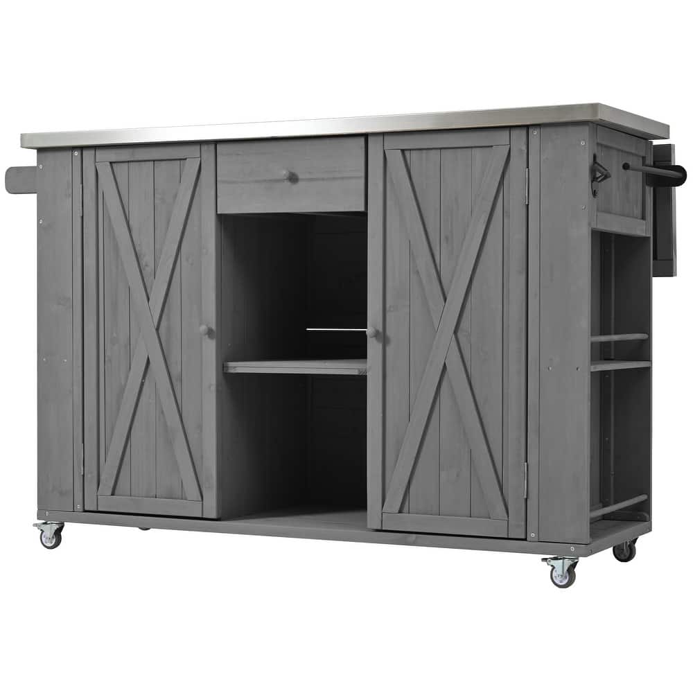 Outdoor Kitchen Island, Rustic Fir Wood with Stainless Steel Top and Smart Storage