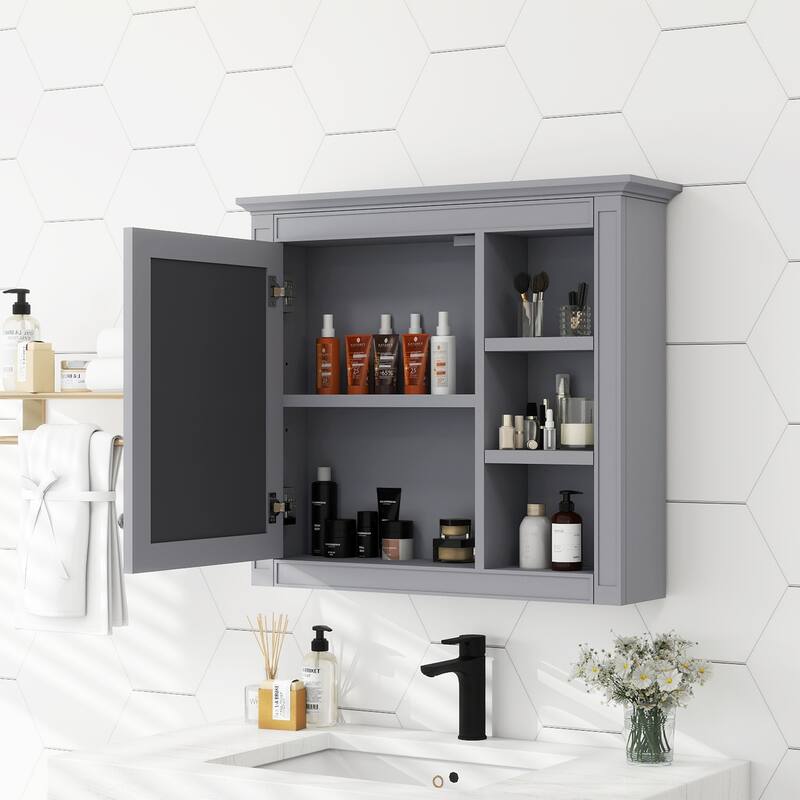 30'' x 28'' Wall Mounted Bathroom Storage Cabinet, Modern Bathroom Wall Cabinet with Mirror,Mirror Cabinet with 3 Open Shelves