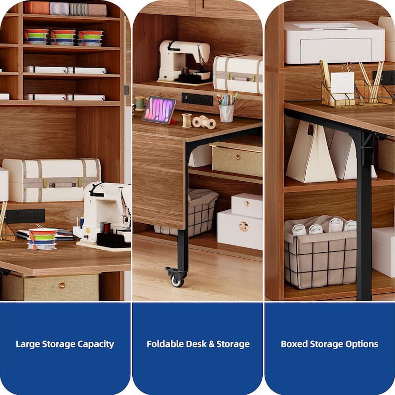 Moasis Expandable Crafting Table with Storage, Artwork Sewing Table with Cabinet and Magnetic Doors & Power Outlets