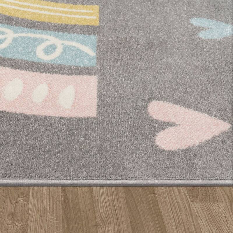 Kids Rug with Rainbow and Hearts in Pastel Colors