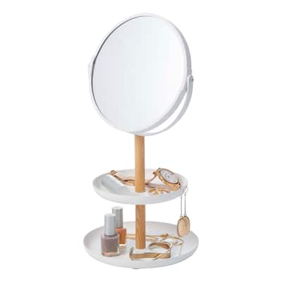 Yamazaki Home Two-Tier Jewelry Tray With Mirror, Steel and Wood, Mirror diameter 5.9 inches, Holds 4.4 lbs