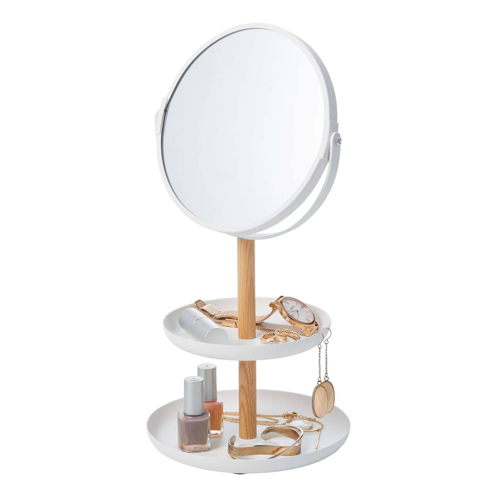Yamazaki Home Two-Tier Jewelry Tray With Mirror, Steel and Wood, Mirror diameter 5.9 inches, Holds 4.4 lbs
