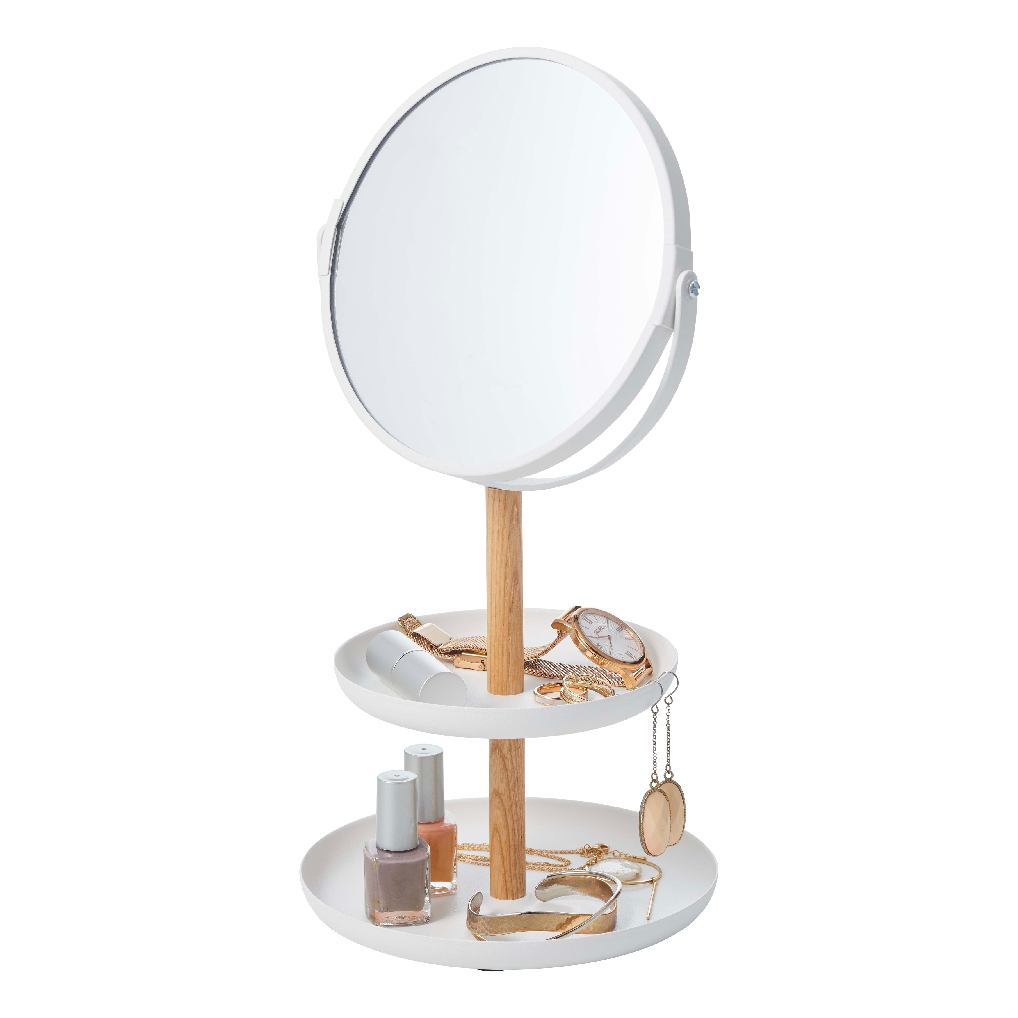 Yamazaki Home Two-Tier Jewelry Tray With Mirror, Steel and Wood, Mirror diameter 5.9 inches, Holds 4.4 lbs