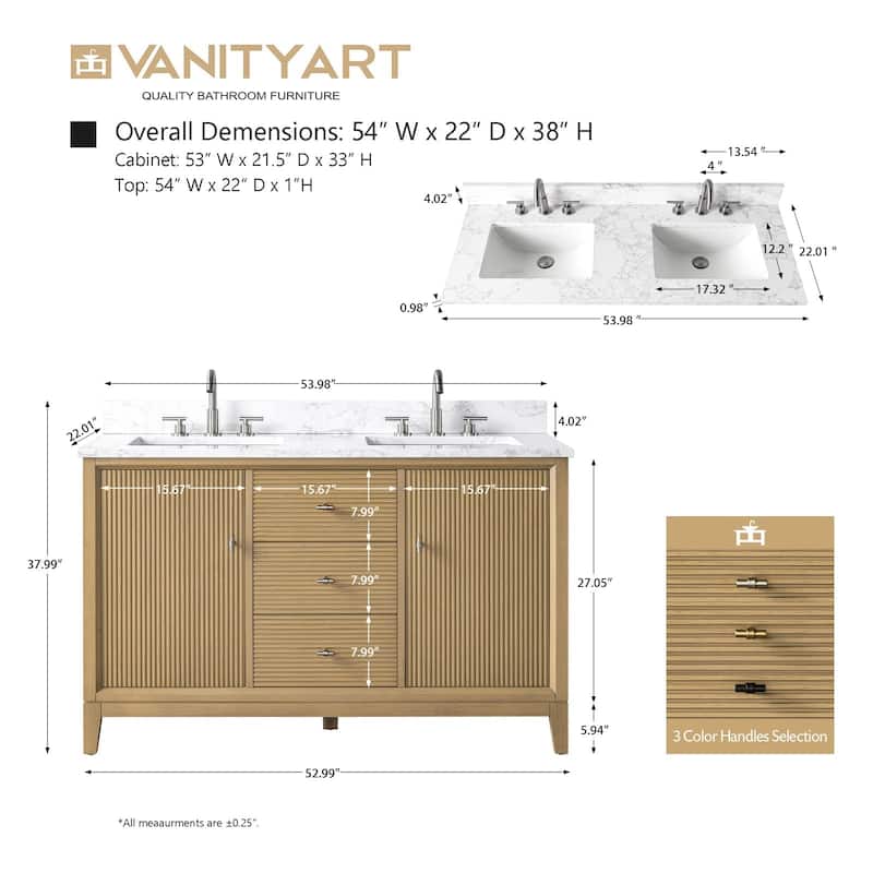 Vanity Art 54" Freestanding Bathroom Vanity with Engineered Marble Top and Sinks
