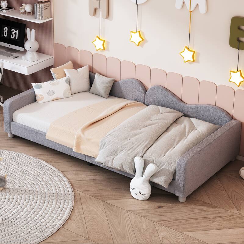 Twin/Full size Upholstered Daybed, Sherpa Fabric Sofabed with Cloud-Shaped Backrest