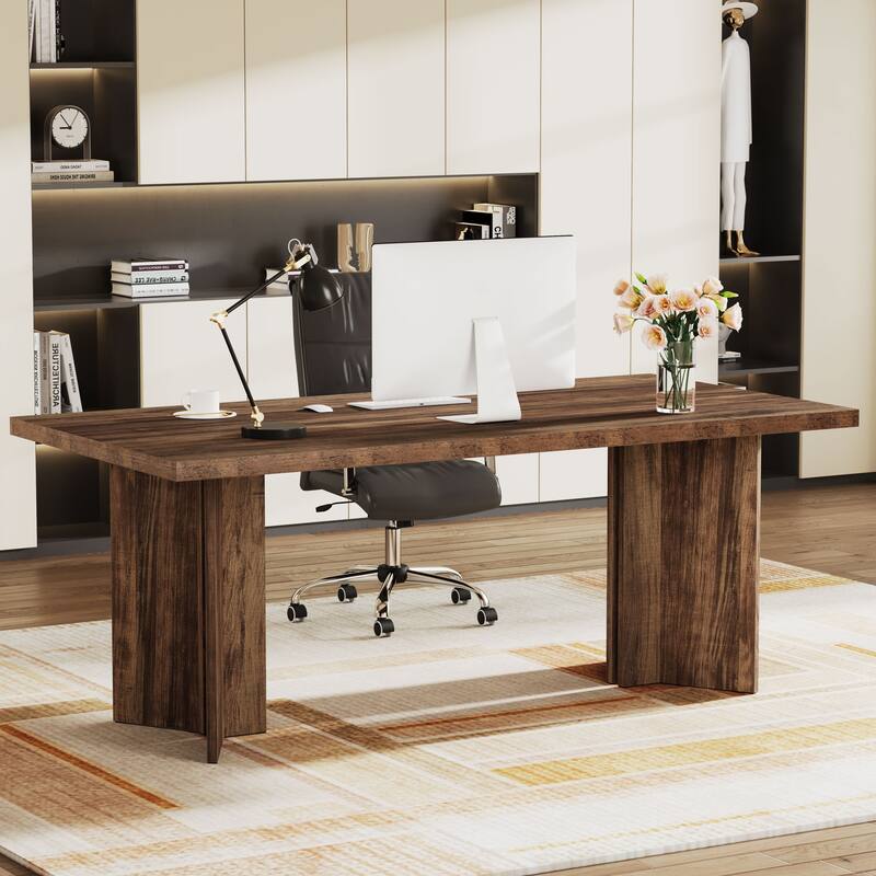 63-Inch Modern Executive Desk Large Office Computer Desk Writing Table - Dark Brown