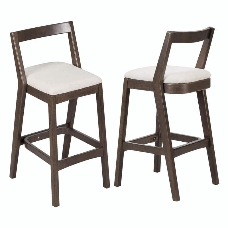 Jasper Indoor Rubberwood Bar Stools with Beige Upholstery and Dark Brown Finish, Set of 2