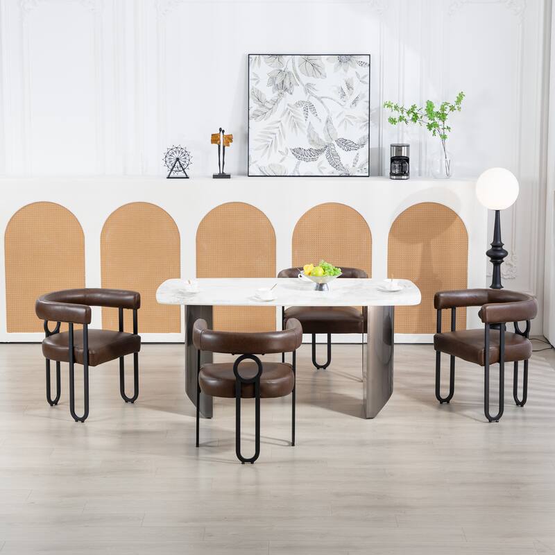 Dark Brown PU Upholstered Accent Chair Dining Chair Barrel Side Chairs Kitchen Armchair for Living Room Dressing Room Set of 3