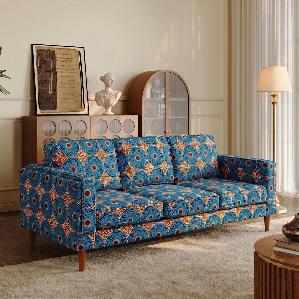 Mid-century Modern Ankara Print Fabric Sofa with Solid Wood Legs - 61.2" W x 35.4"D x 33.5"H