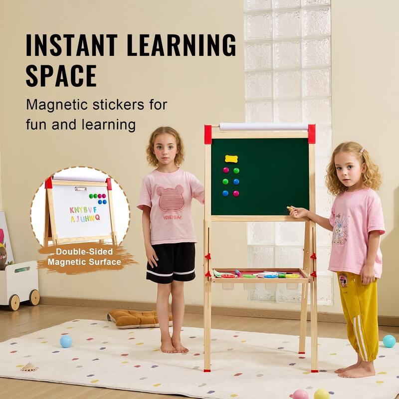 3-in-1 Kids Art Easel Double-Sided Wooden Magnetic Whiteboard Chalkboard - Multi