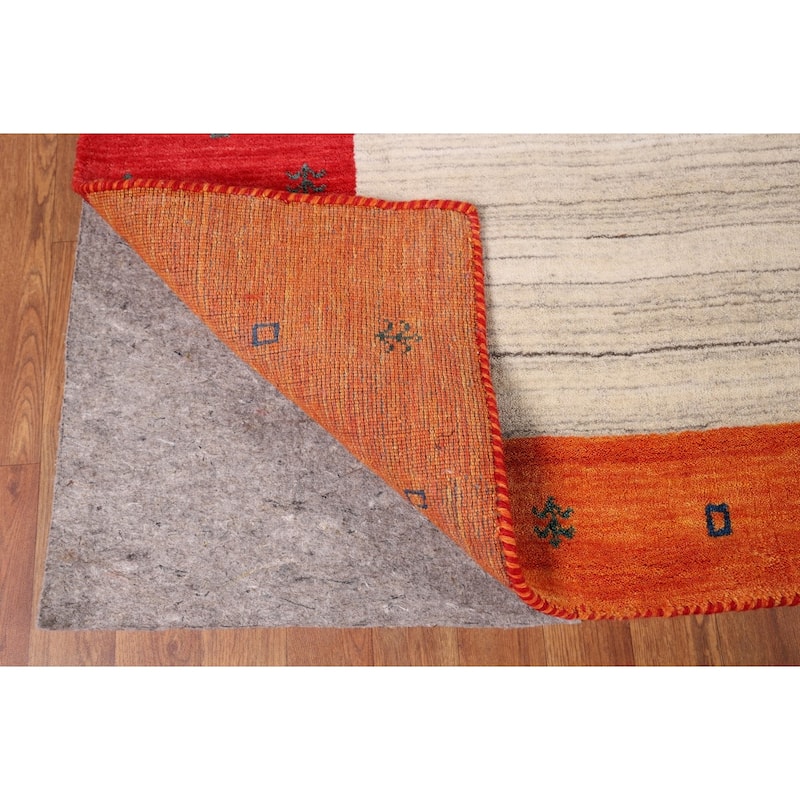 Modern Gabbeh Oriental Area Rug Hand-Knotted Beige Wool Carpet - 8'5" x 9'9"