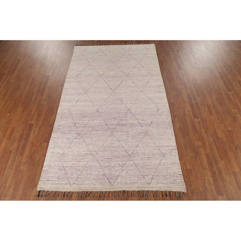 Beige Trellis Moroccan Area Rug Hand-Knotted Oriental Wool Carpet - 5'1"x 8'11"
