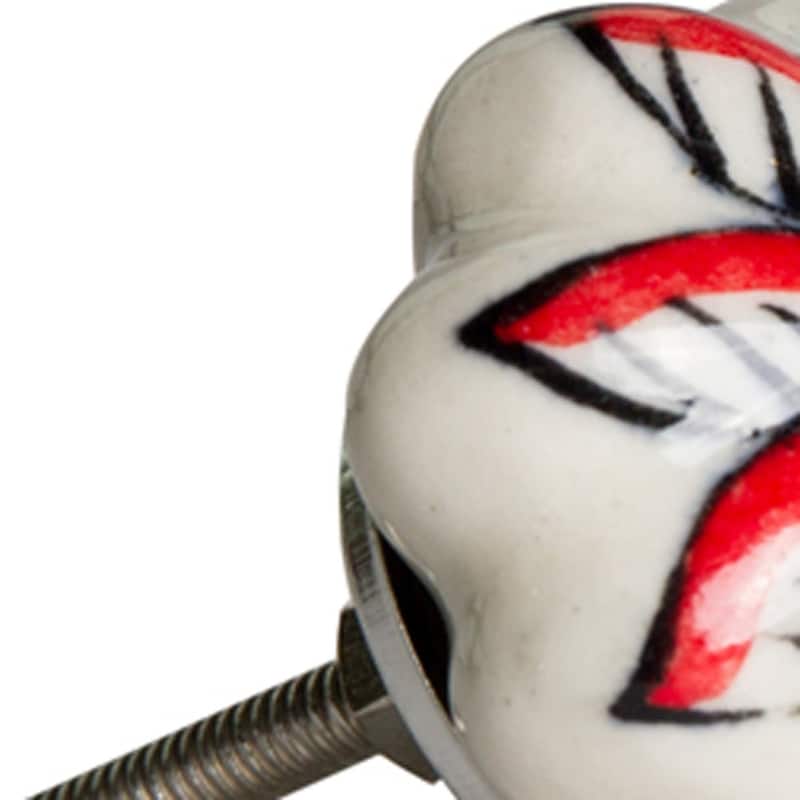 HomeRoots Set of Eight Red And White Floral Ceramic Drawer Pull Knobs - 1.5" x 1.5" x 1.5"