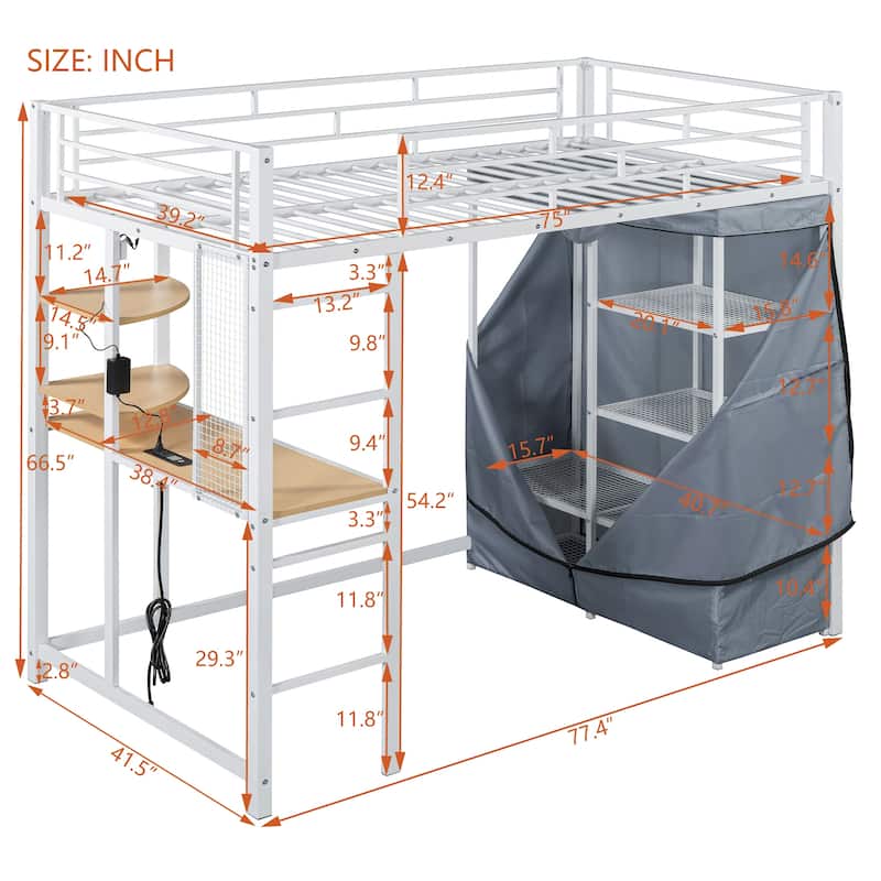 Space-Saving Loft Bed with Desk, Shelves, Power Outlet, LED Light, and Wardrobe