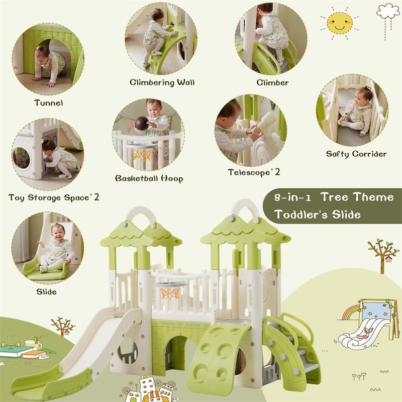 8 in 1 Toddler Climber and Slide Set with Basketball Hoop for Babies