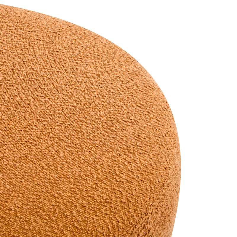 Modish Round Ottoman: Boucle Top with Splayed Rubber Wood Legs, Pumpkin Orange