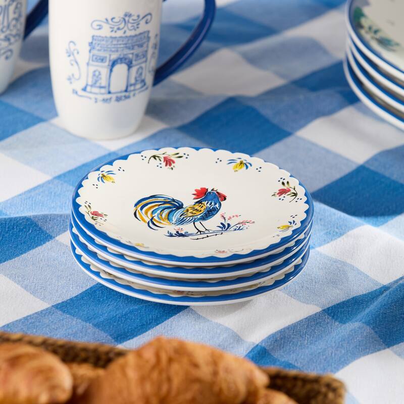 Certified International French Rooster 6" Canape/Luncheon Plates, Set of 4 Assorted Designs - 6.00"L x 6.00"W x 0.75"H