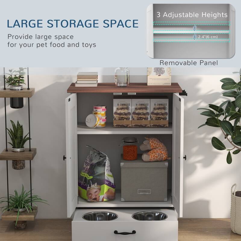 Dog Feeding Station, Dog Food Storage Cabinet with Hidden Dog Bowls, Adjustable Panel, Hooks for Medium Sized Dogs, White
