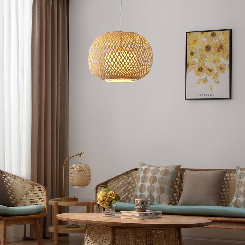 VidaLite FOS - 1 Light Pendant 19.5 in. Natural Woven Bamboo Linen Shade and Brushed Brass Accents, Adjustable Height - Brass/Beige
