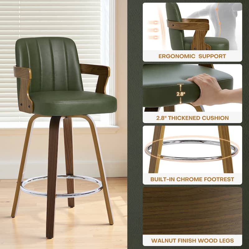 Upholstered Wood Swivel Counter Height Barstool with Arms