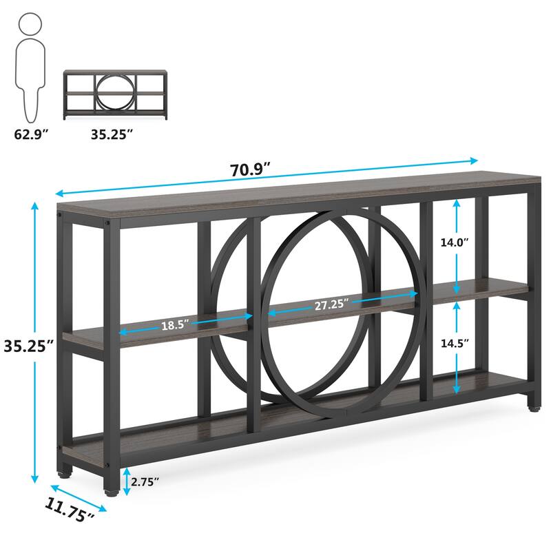 70.9 inch Extra Long Console Table Narrow Sofa Tables with 3 Tier Wood Storage Shelves