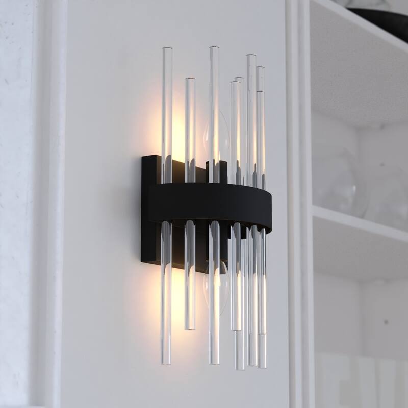 Delevan 2-Light 7.25 in. Black Contemporary Wall Sconce, Clear Glass Shade, Dimmable, LED Compatible, Bathroom Fixture - Matte Black - 7.25-in W x 14-in H x 4.5-in D