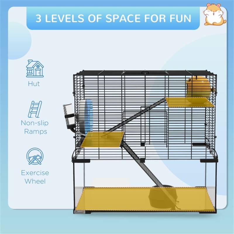 Black-Transparent Hamster Cage with Steel Frame, Glass Base and Accessories - 23.5" L x 15.75" W x 21.5" H