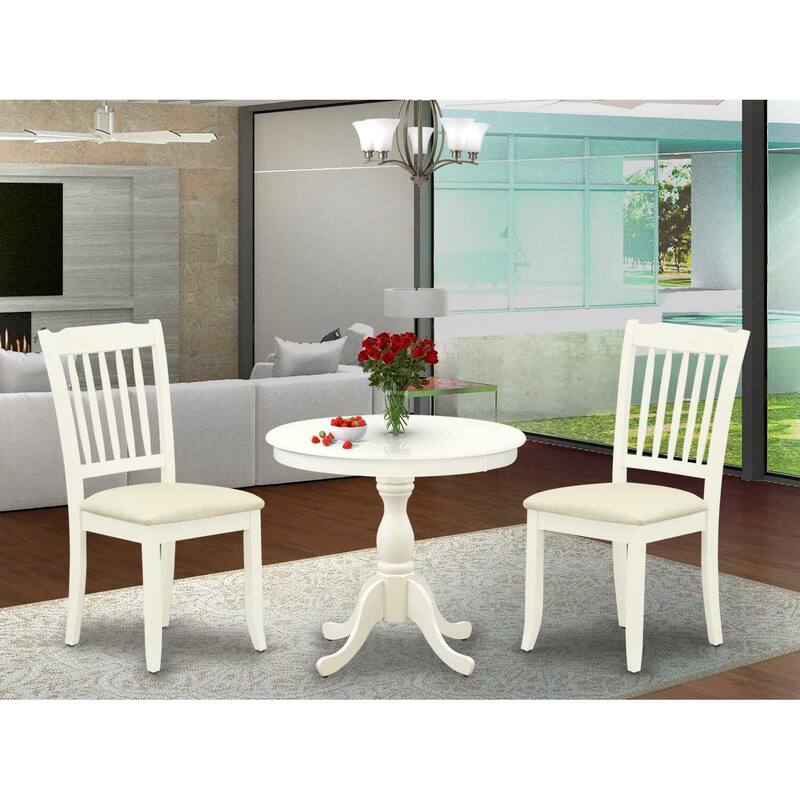 3-Piece Linen White Finish Solid Wood Top - Round Dining Room Set - Seats 4