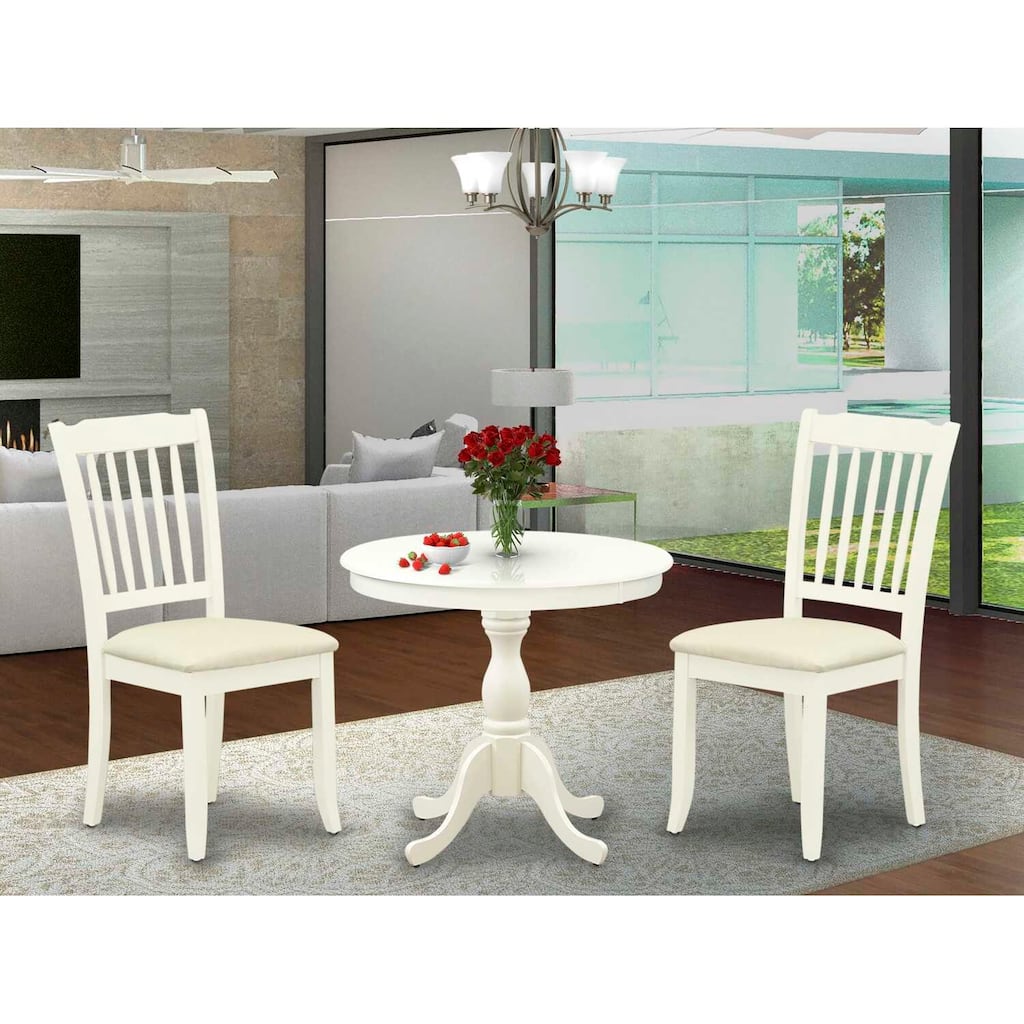 3-Piece Linen White Finish Solid Wood Top - Round Dining Room Set - Seats 4