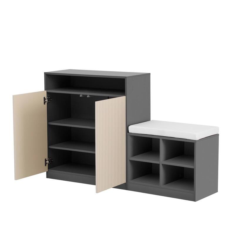 Entryway Bench Cabinet With Cushion, 2 Doors and 3-Tier Adjustable Shelves for Entryway Organization