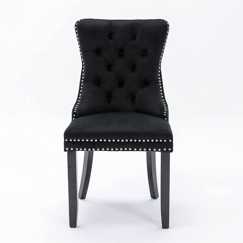 Set of 2 Velvet Dining Chairs – Tufted Upholstered Armless Accent Chairs with Nailhead Trim & Back Ring Pull