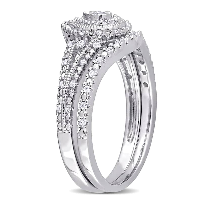Miadora Sterling Silver 1/4ct TDW Diamond Pear Halo Split Shank Wedding Ring Set