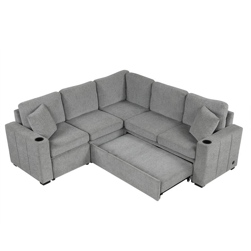 84.7" Chenille Sleeper Sectional Sofa with Storage & USB Ports