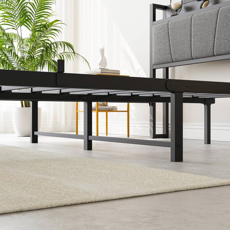 Queen/Full/Twin Stable Platform Bed Frame, Storage Headboard with Charging Station, Black/Wood Color