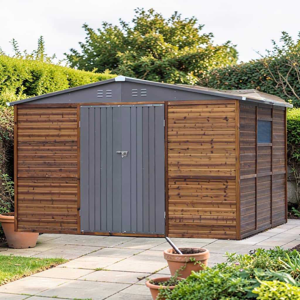 8x10 FT Wood and Metal Storage Shed, Cedar Outdoor Garden Shed with Iron Roof, Double Doors, Windows and Vents