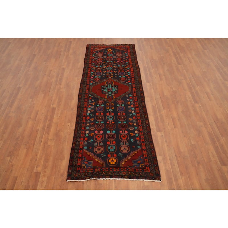 Hand Knotted Oriental 100% Wool Carpet Traditional Geometric Navy Blue & Blues Ardebil Runner Rug - 9' 6'' X 3' 5''