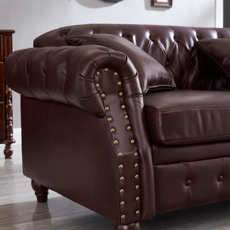 Chesterfield Sofa Classic Tufted Technical Leather Lounge Couch with Hidden Storage, Nailhead Trim and Pillows, for Living Room