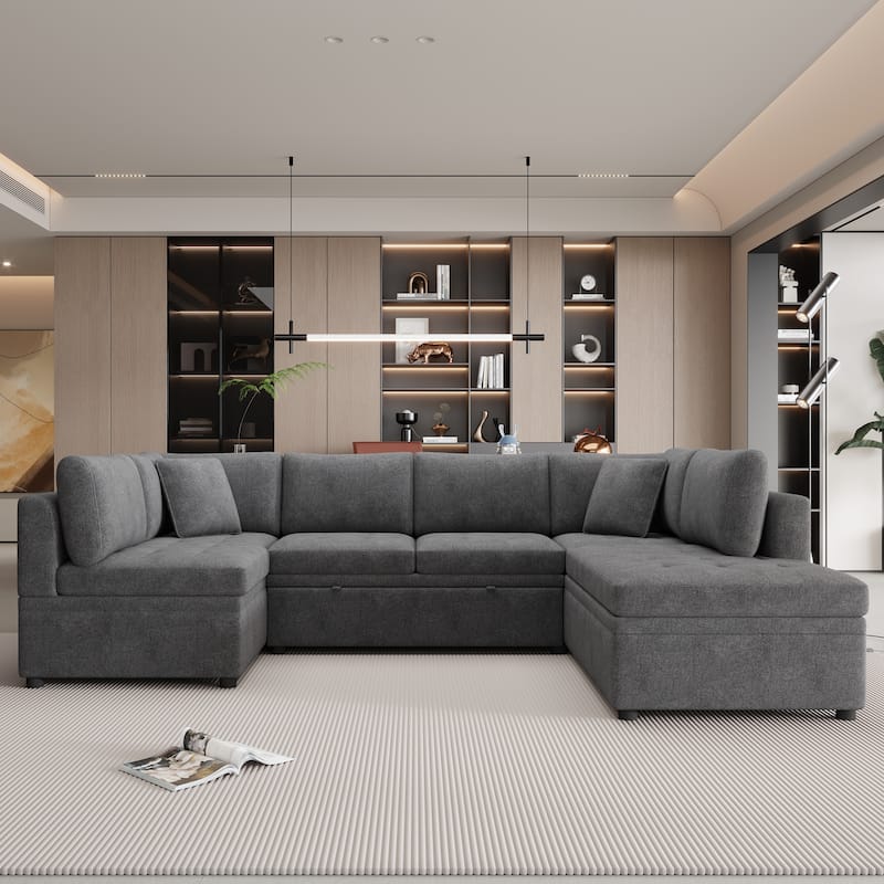 117.3" Oversized U-shaped Pull-out Sofa Bed, Gray Chenille, 2 Pillows