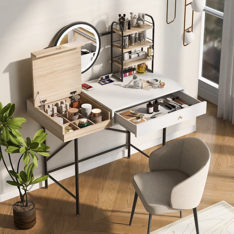 Modern Makeup Vanity with Mirror, Wireless Charging Station - White