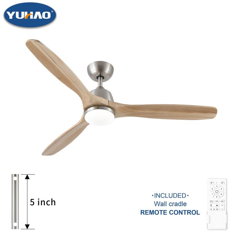 YUHAO 52 in. Indoor Matte Black Solid Wood Ceiling Fan with Integrated LED and Remote Control - 52 inch - Brushed Nickel - Remote