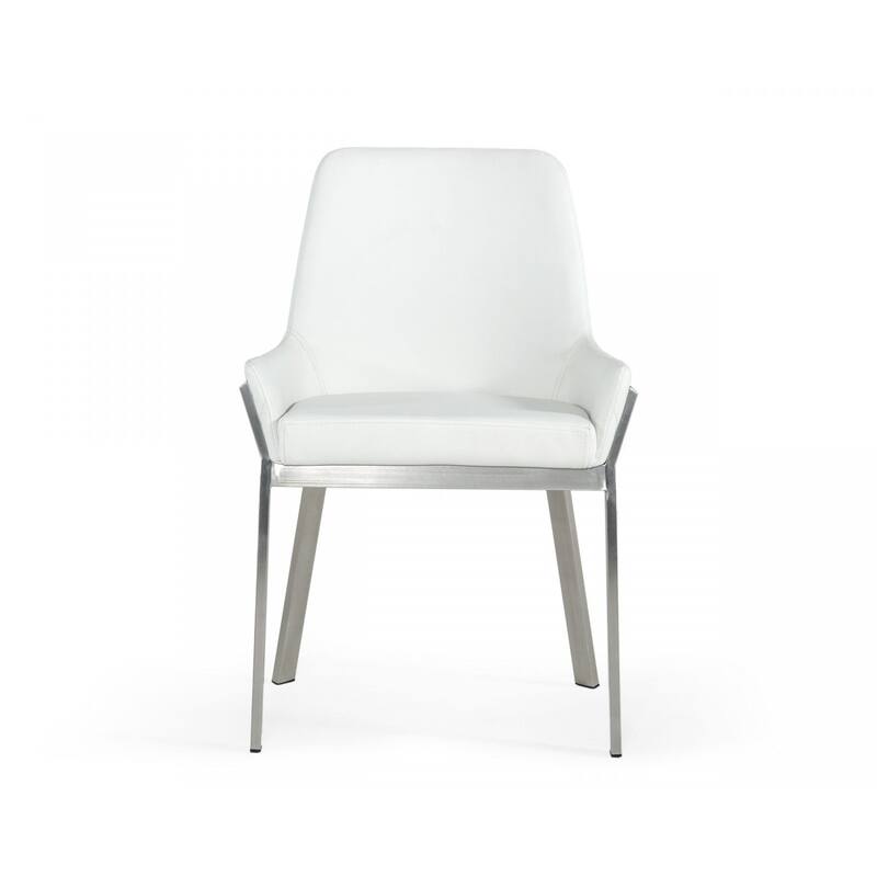 34" Contemporary Arm Dining Chair with White Upholstered Faux Leather Seat and Silver Frame - 33.5”H x 23”W x 24”D